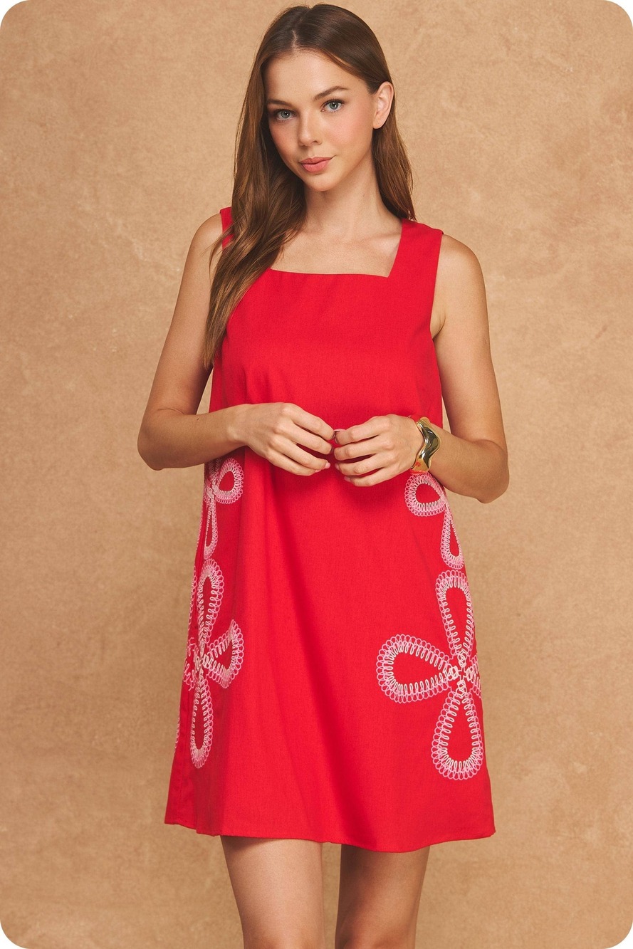 Abstract Floral Loop Embroidered Sleeveless Linen Mini Dress